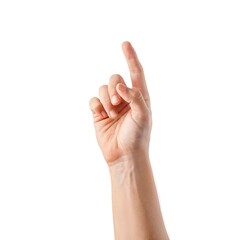 Closeup of a human hand with index finger pointing upwards, isolated on a white background, symbolizing direction, selection, or a key idea