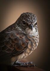 Detailed portrait of a small brown bird, highlighting its intricate feather patterns and keen gaze, set against a soft, blurred natural backdrop