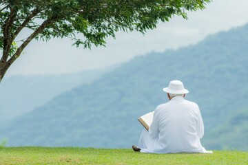 Serene Contemplation: An individual dressed in white, peacefully engrossed in reading beneath the shade of a tranquil tree, overlooking the serene beauty of rolling mountain.