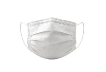 Front view of a white disposable face mask.  Simple, pleated design with ear loops.  Clean, plain, and neutral color