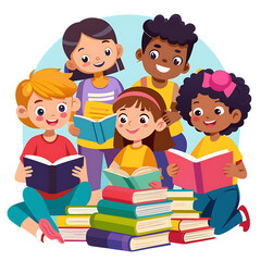 Diverse group of children reading books together isolated on transparent background