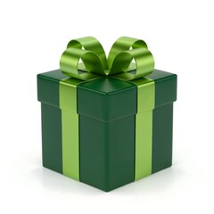 Obraz premium A dark green gift box with a bright green ribbon and bow, isolated on white background