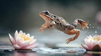 Fototapeta premium Frog leaping over water lilies