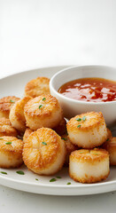 Delicious, golden-brown scallops on a white plate, with a dipping sauce. Perfect for a restaurant menu or a food blog.