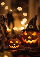 A captivating Halloween night ambiance featuring brightly glowing jack-o'-lanterns, spooky spiderweb decorations, and soft flickering candlelight