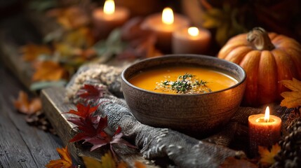 Cozy autumn pumpkin soup leaves and candles seasonal mood