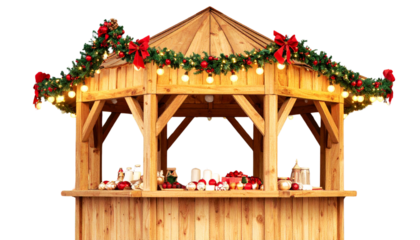 Traditional Christmas Market Stalls with Lights, Transparent Background PNG