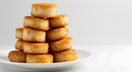 A delicious stack of golden-brown rice cakes on a white plate