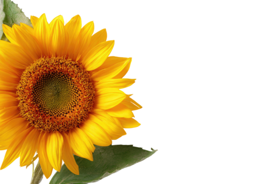 Close-up of a single sunflower against a black background.  Bright yellow petals surround a dark, central disc.  Green leaves are visible at the bottom edge