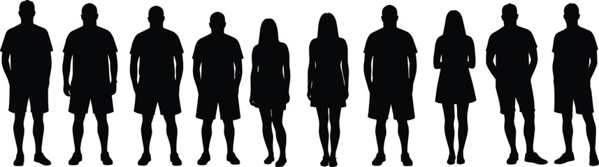 Silhouette vector illustration of standing people, men and women in casual clothing, group crowd design, human figure front view