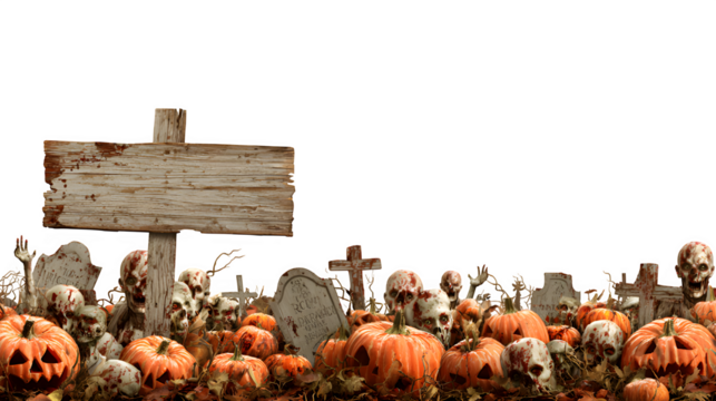 Spooky Halloween graveyard scene with grinning pumpkins, bloody skulls, and zombie hands emerging from the ground  isolated on white background