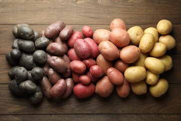 Different types of potatoes on wooden table, flat lay
