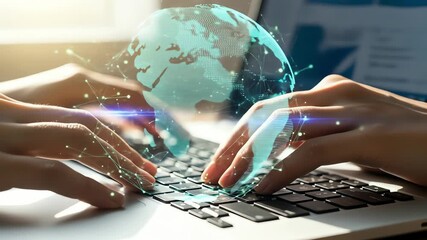 Hands working on laptop with globe illustration, showcasing global connection and data analysis, technology concept - Powered by Adobe