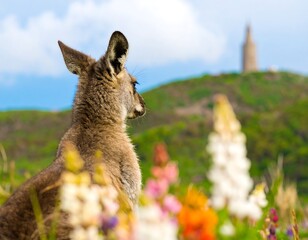 Kangaroo in a field of flowers, distant tower