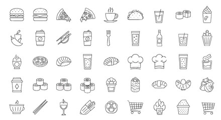 Illustration of various food and drink items including burgers pizza and sushi in outline style on transparent background