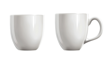 White two ceramic coffee or tea mugs with simple minimal design isolated on white background
