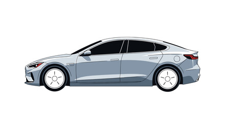 Obraz premium Side view of a light gray sedan with black tinted windows and detailed wheel design parked on white background on transparent background