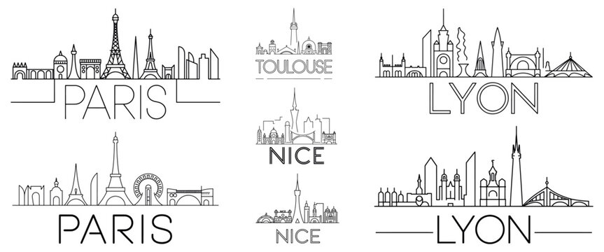 French City Skyline Silhouette Collection Black and White Illustrations Featuring Paris Toulouse Nice Lyon and Architectural Landmarks