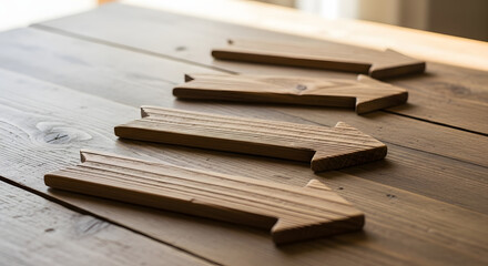 Wooden arrows aligned in a row pointing right on a textured table, symbolizing business direction, leadership, and moving forward together.