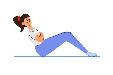 Young caucasian female exercising: cartoon illustration of sit-up pose with casual outfit.