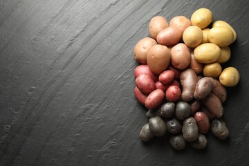 Different types of potatoes on black table, flat lay. Space for text