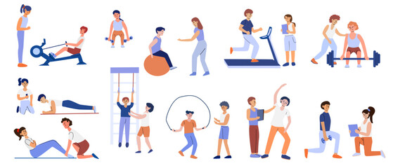 Diverse group of young adults engaging in various fitness activities under the guidance of trainer, including stretching exercises, lifting dumbbells and performing other dynamic workouts.