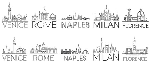 Fototapeta premium Elegant Line Art Cityscapes Italian Landmarks Venice Rome Naples Milan and Florence Minimalist Architectural Designs and Typography