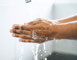 Fototapeta premium Washing Hands with Soap and Water Under Faucet for Hygiene