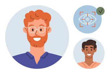 Male portraits in circular frames with an eye scan verification icon. Ideal for biometrics, digital identity, personal profiles, data privacy, tech design, user accounts, and security concepts