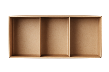 Empty light brown cardboard box with three compartments