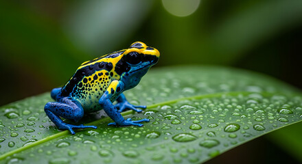 A vibrant blue and yellow poison dart frog perched on a wet, green leaf.