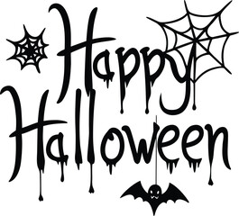 Happy Halloween dripping text with spider webs and a bat
