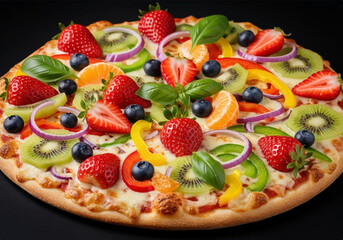 Delicious Fruit and Vegetable Topping Pizzas on Black Background