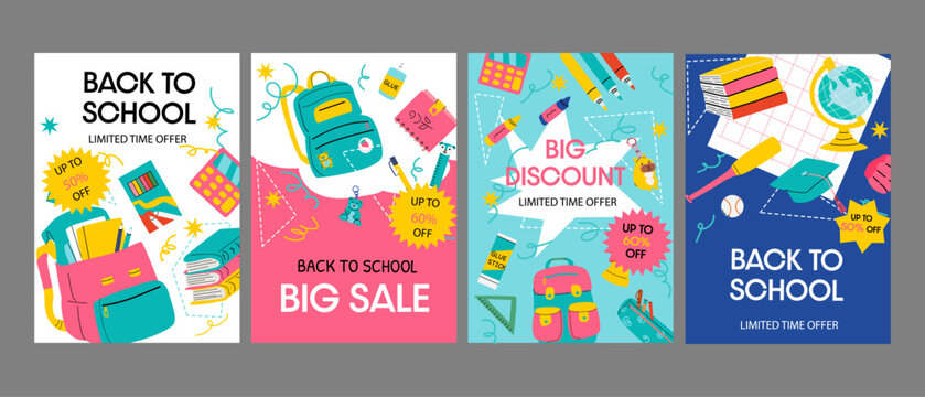 Set of back to school sale poster designs with kindergarten, college and elementary school supplies, y2k trendy elements, bright backgrounds, and educational doodle items. Promotion education banners