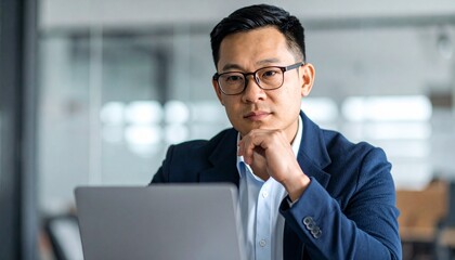 Pensive male thinking over problem solution working on laptop. Detailed high quality image. 