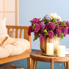 Lilac bouquet on wooden table
