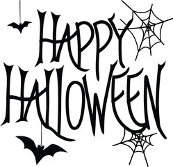 Happy Halloween text with bats and spiderwebs, black and white design