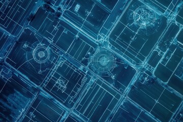 Obraz premium Blueprint-style layout of autonomous irrigation drones mapping large-scale agricultural fields, white background.