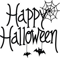 Happy Halloween text with spider web and hanging bats, black and white graphic