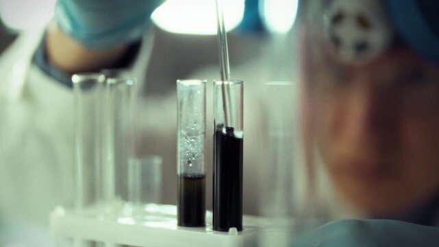 A scientist in a lab coat conducts a detailed experiment by adding liquid from a pipette into several test tubes. This research takes place in a modern laboratory, focusing on chemical analysis