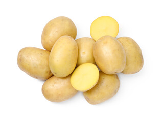 Whole and cut fresh potatoes isolated on white, top view