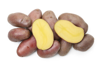 Whole and cut fresh red potatoes isolated on white, top view