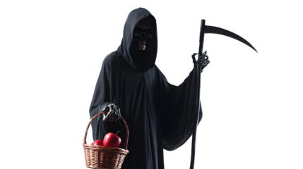 Mysterious Grim Reaper offers tempting red apples from a basket, holding a scythe