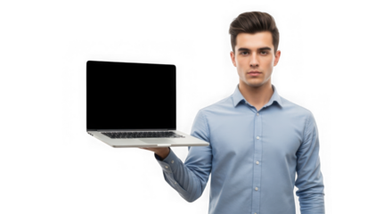 Professional man in blue shirt holds digital tablet presentation ready for business technology transparent background