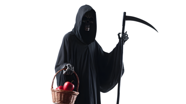 Mysterious Grim Reaper offers tempting red apples from a basket, holding a scythe