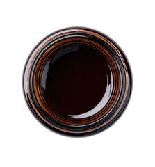 Amber glass jar, top-down view, filled with dark liquid.  Circular, reflective surface.  Detailed ribbing around the edge