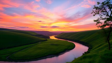 Fototapeta premium Serene River Flowing Through Green Valley at Sunset