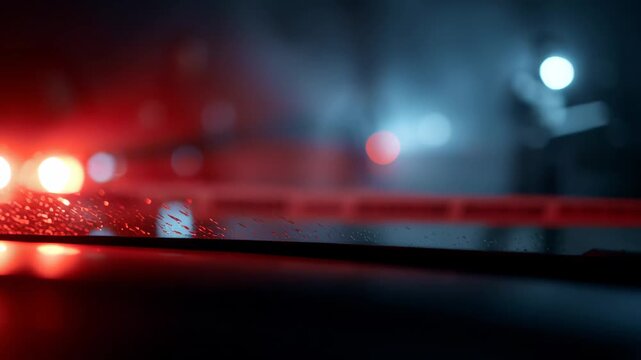 Police emergency lights flashing at night through wet car windshield with raindrops creating dramatic tense atmosphere and blurred red blue colors