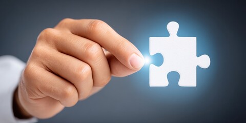 Completing the Puzzle of Success: Hand Placing Final Piece into Glowing Puzzle, Copy Space for Startup Life Concept