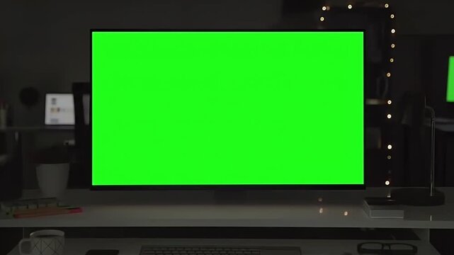 A flat-screen monitor with a solid green screen, sits on a white desk in a dark room.  Surrounding the monitor are blurred computer equipment and supplies.  Ambient light is minimal